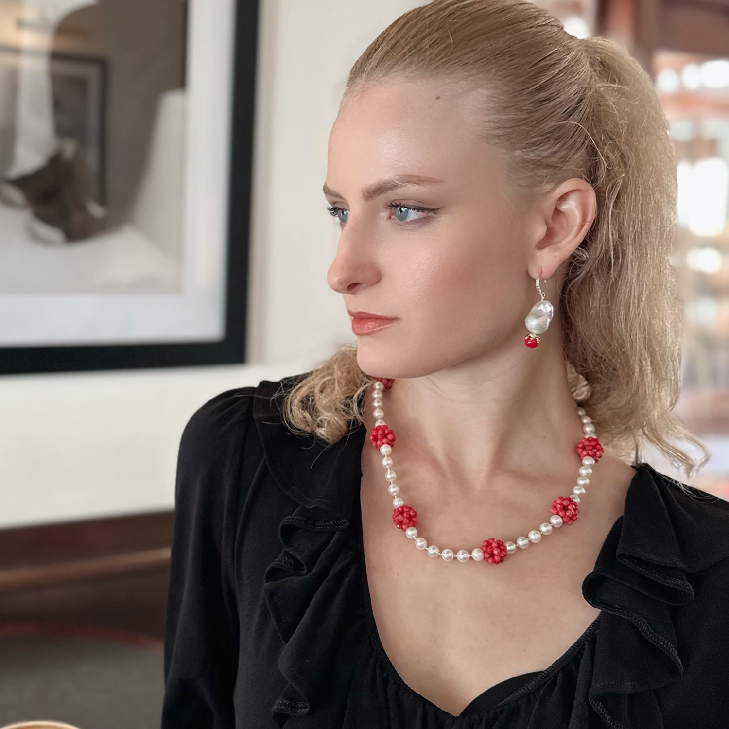 Red Coral Flower Ball And Freshwater Pearls Statement Necklace