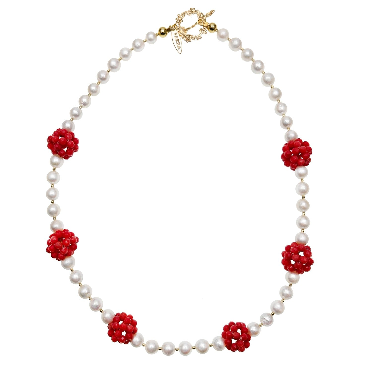 Red Coral Flower Ball And Freshwater Pearls Statement Necklace