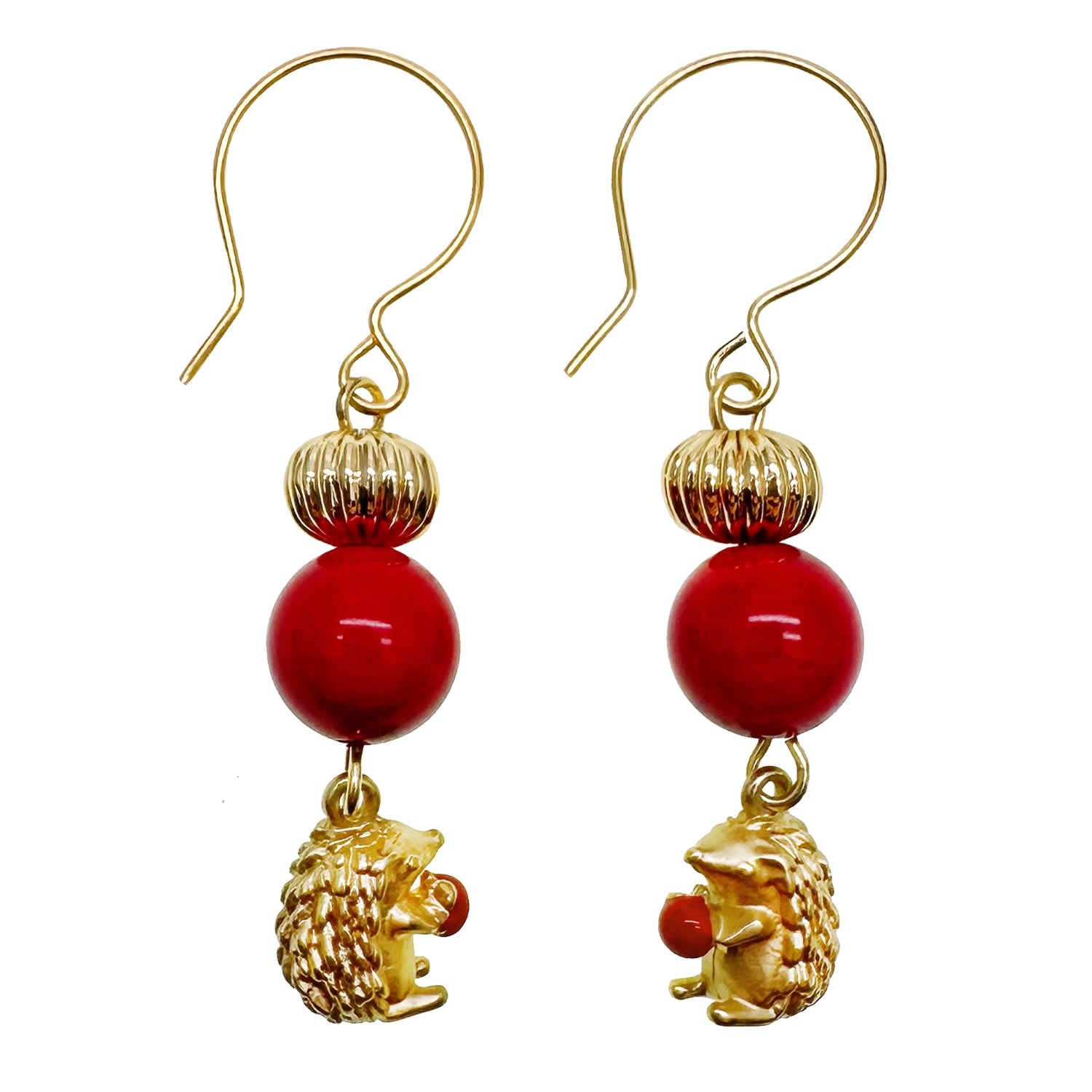 Red Coral Hedgehog Dangle Hoop Earrings