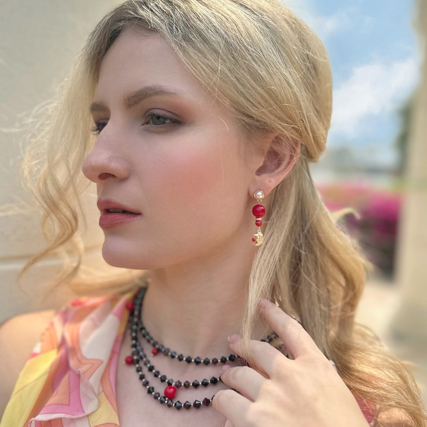 Red Coral With Hedgehog Pendant Stud Earrings