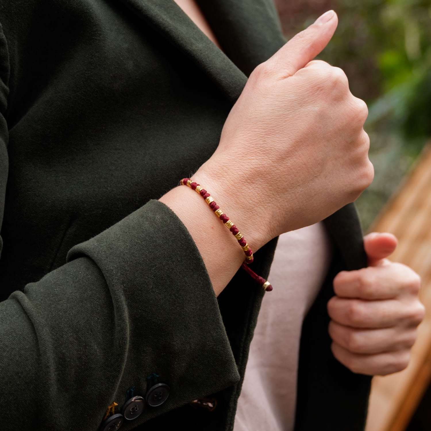 Red Cord And Hammered Vermeil Gold Bracelet For Women - Red