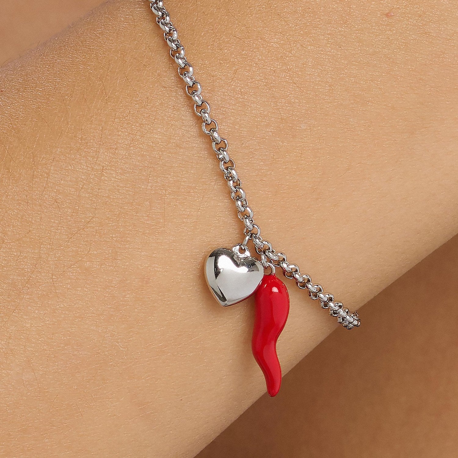 Red Enamel Cornicello & Heart Charm Bracelet In Sterling Silver – Handmade Italian Good Luck Jewelry