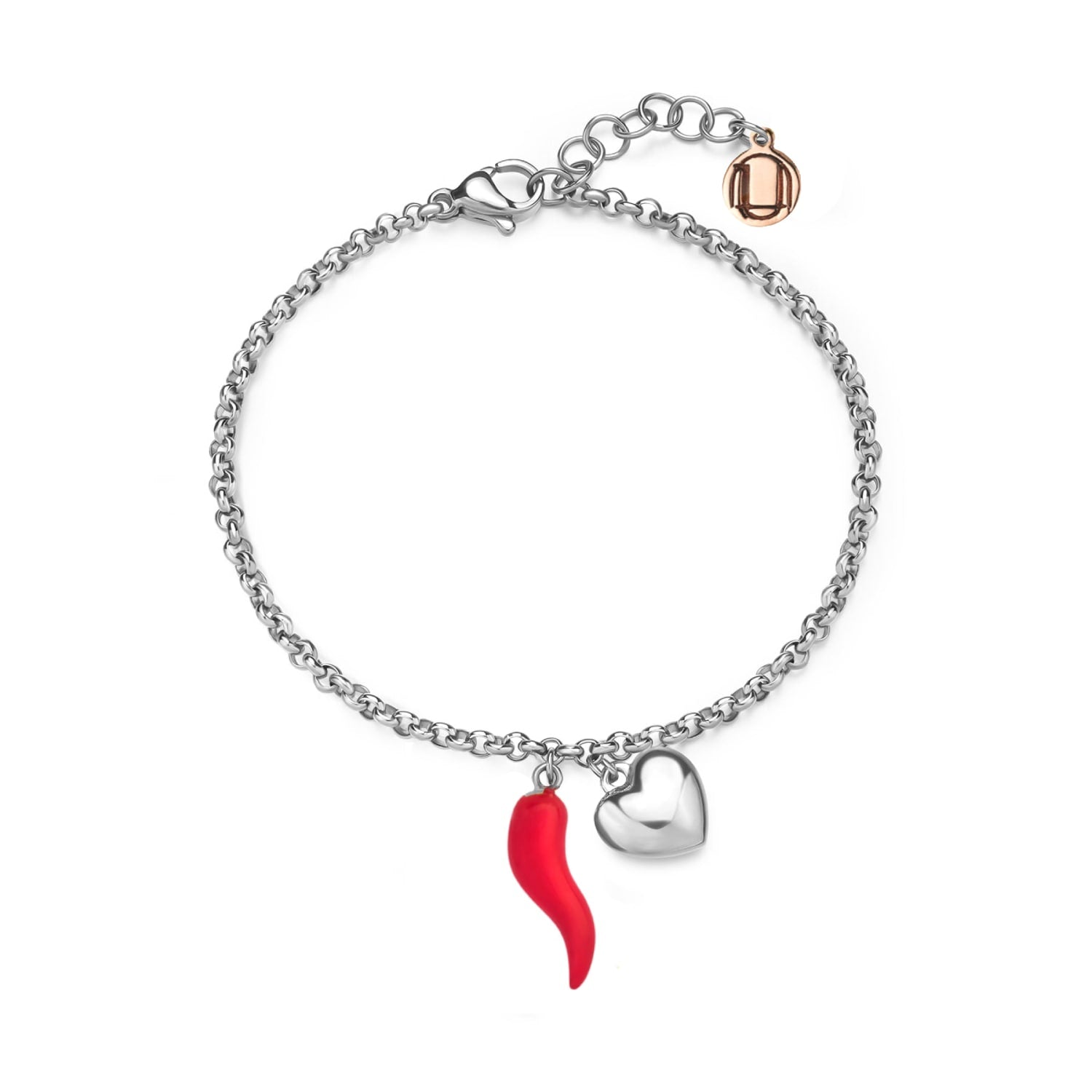 Red Enamel Cornicello & Heart Charm Bracelet In Sterling Silver – Handmade Italian Good Luck Jewelry