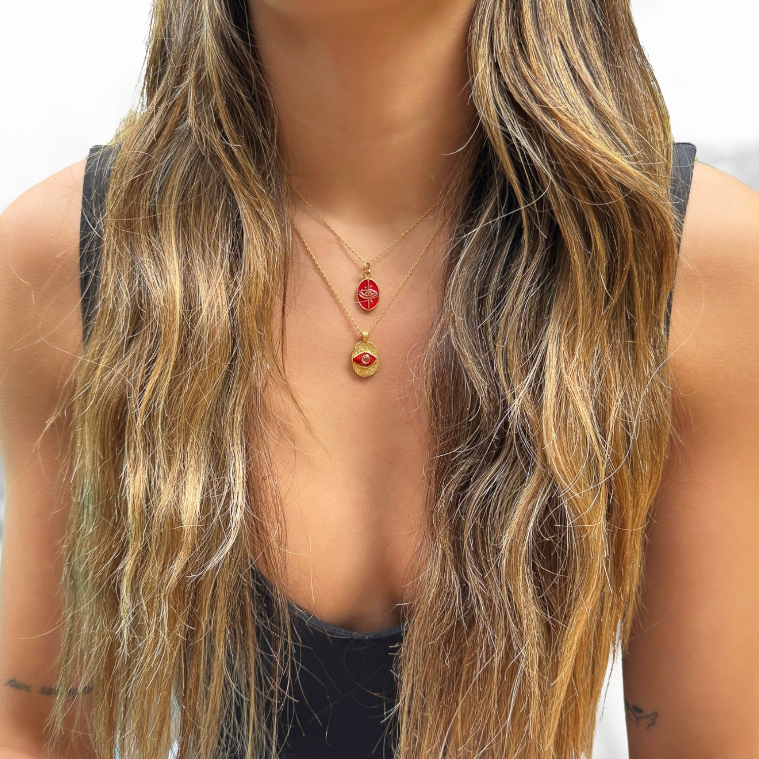 Minimalist Red Enamel Evil Eye Pendant Gold Chain Necklace - Red