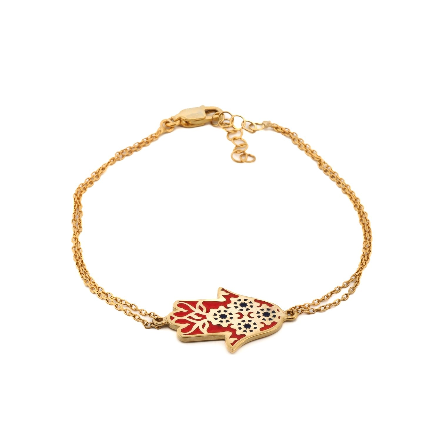 Red Enamel Floral Hamsa Hand Gold Vermeil Chain Bracelet - Red-