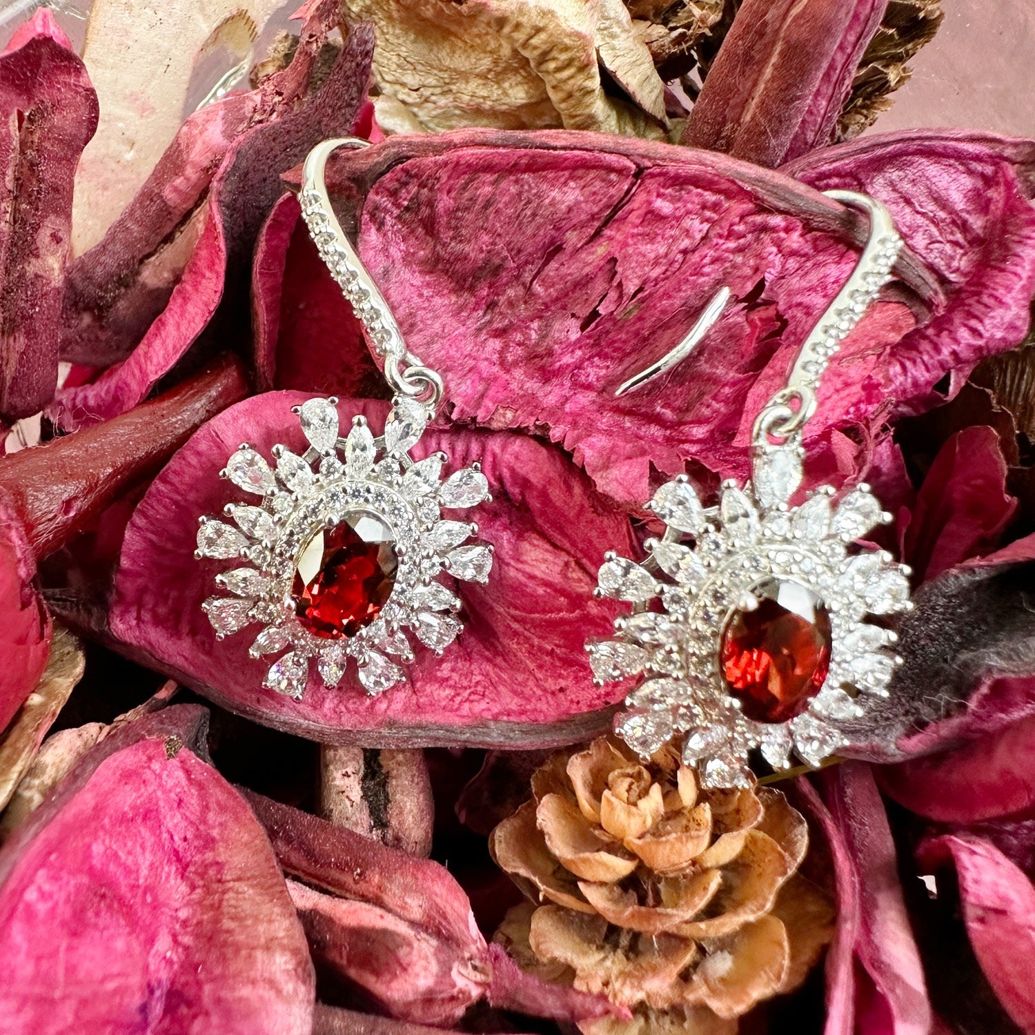 Red Garnet Birthstone Sterling Silver Flower Dangle Earrings