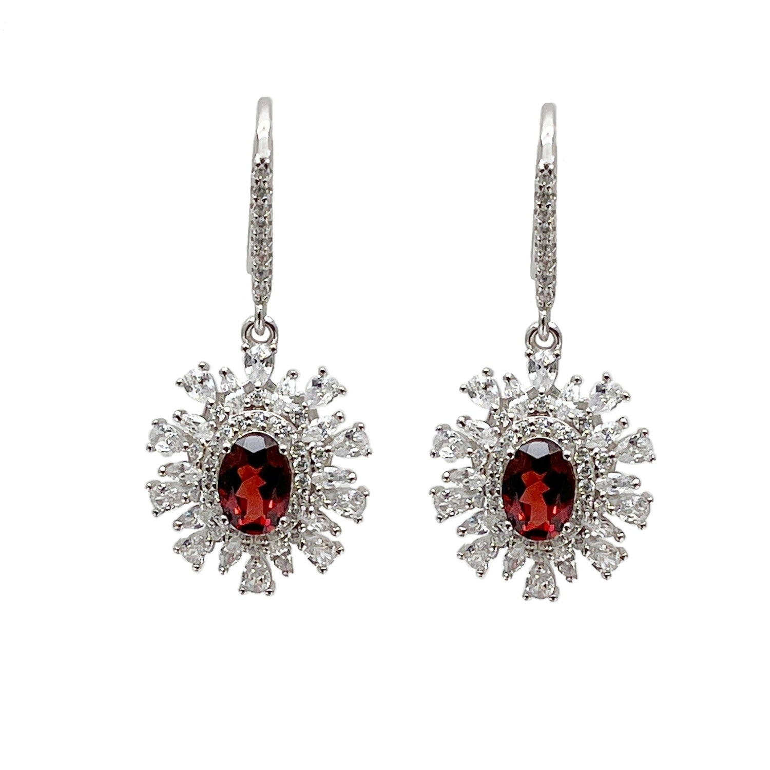 Red Garnet Birthstone Sterling Silver Flower Dangle Earrings