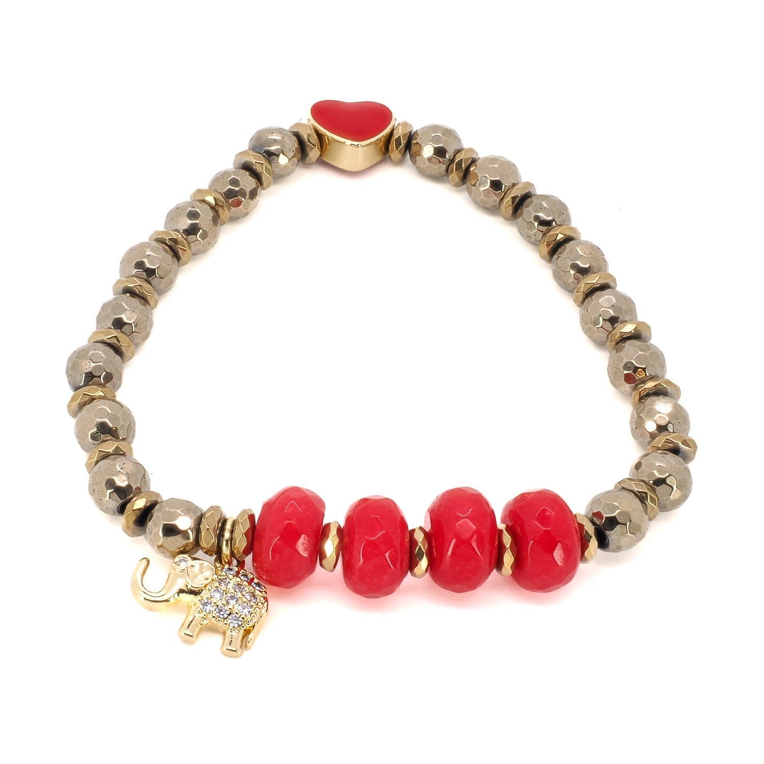Red Heart & Gold Elephant Charms Hematite Beaded Lucky Bracelet - Red