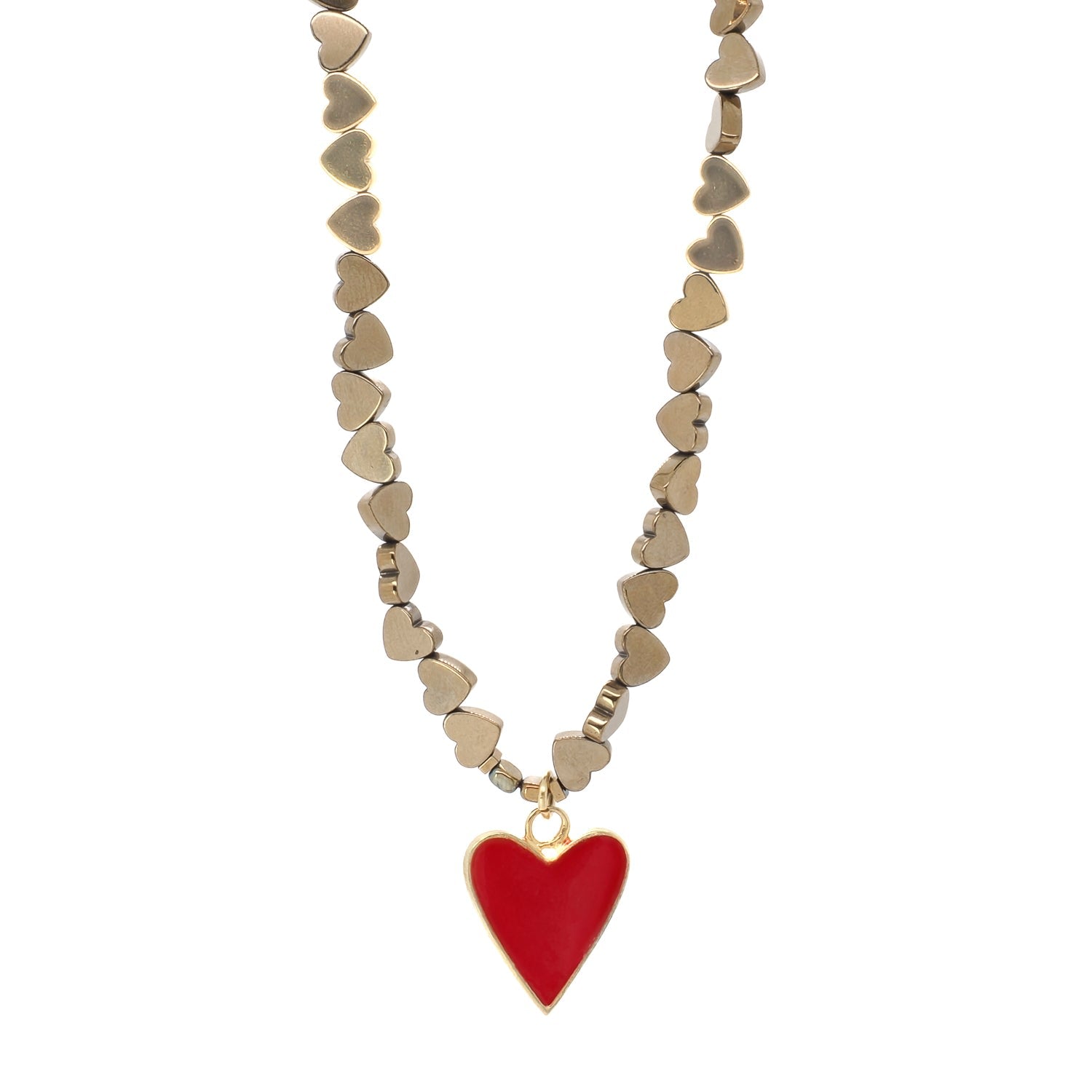 Red Heart Pendant Gold Hematite Stone Heart Shape Chain Necklace - Red