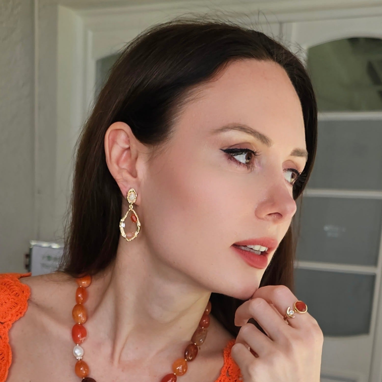 Red Hue Agate Frame Dangle Statement Earrings