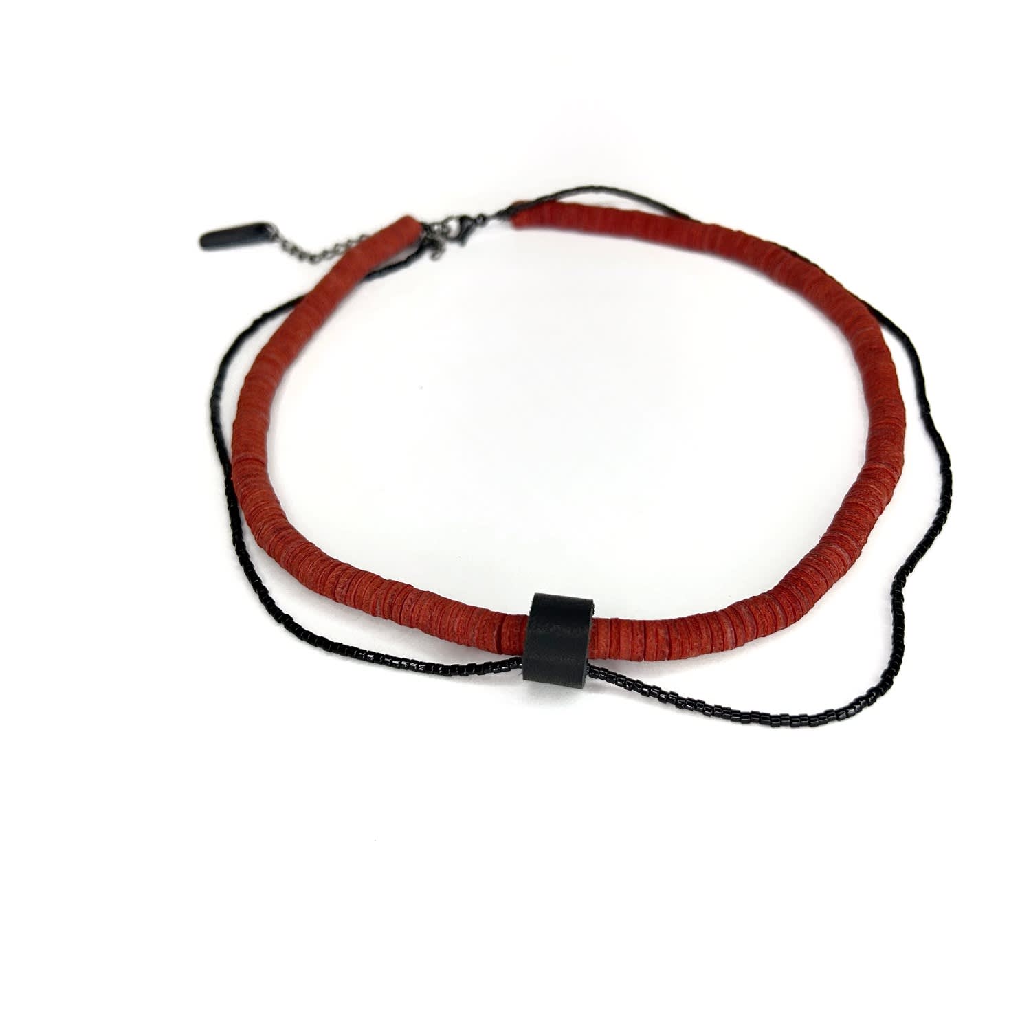 Red Leather Choker Necklace With Black Bead String