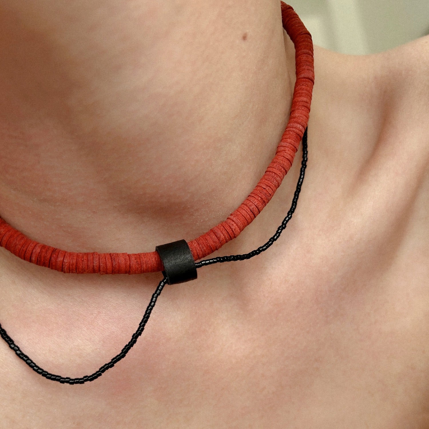 Red Leather Choker Necklace With Black Bead String