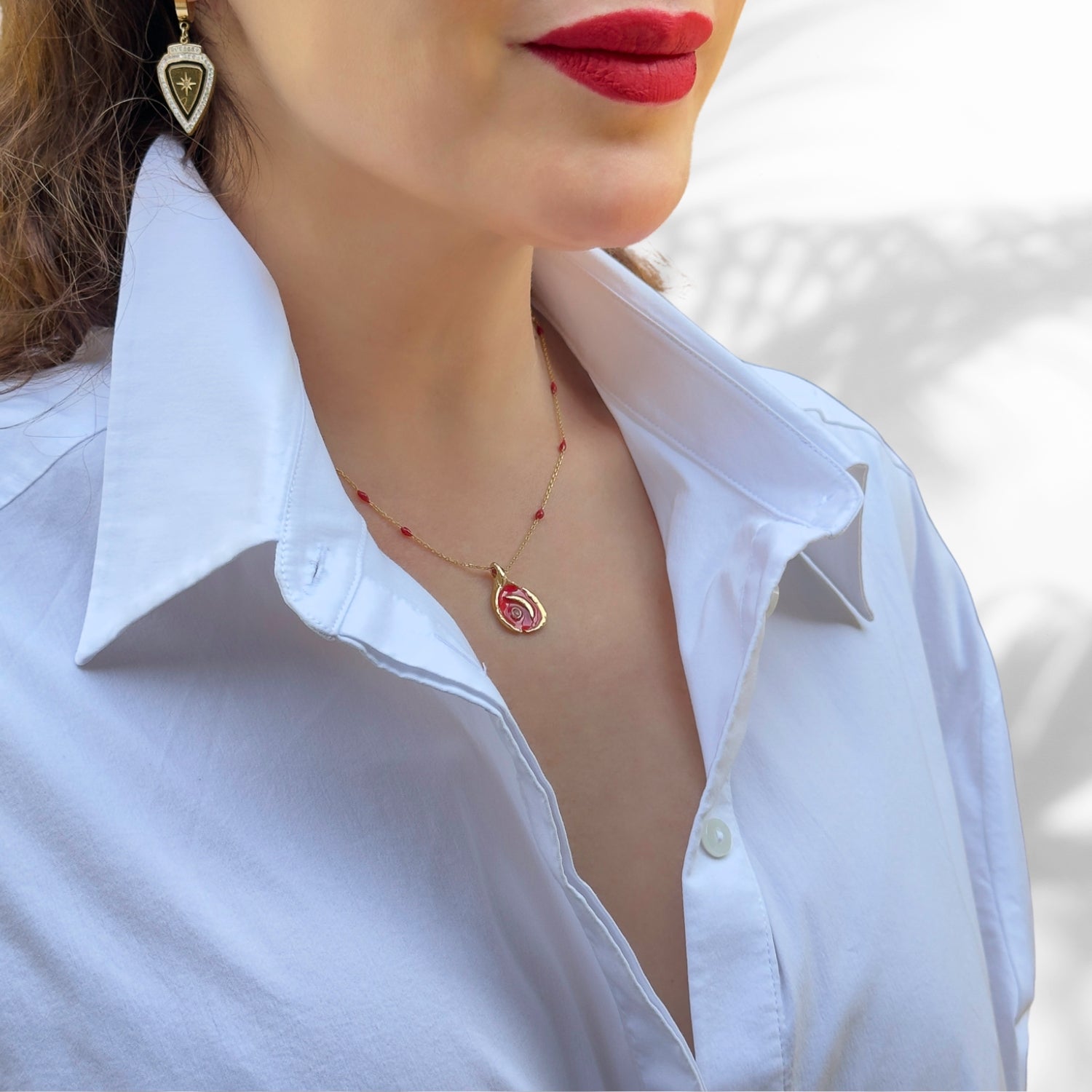 Red Moon Pendant Gold & Enamel Chain Necklace - Red