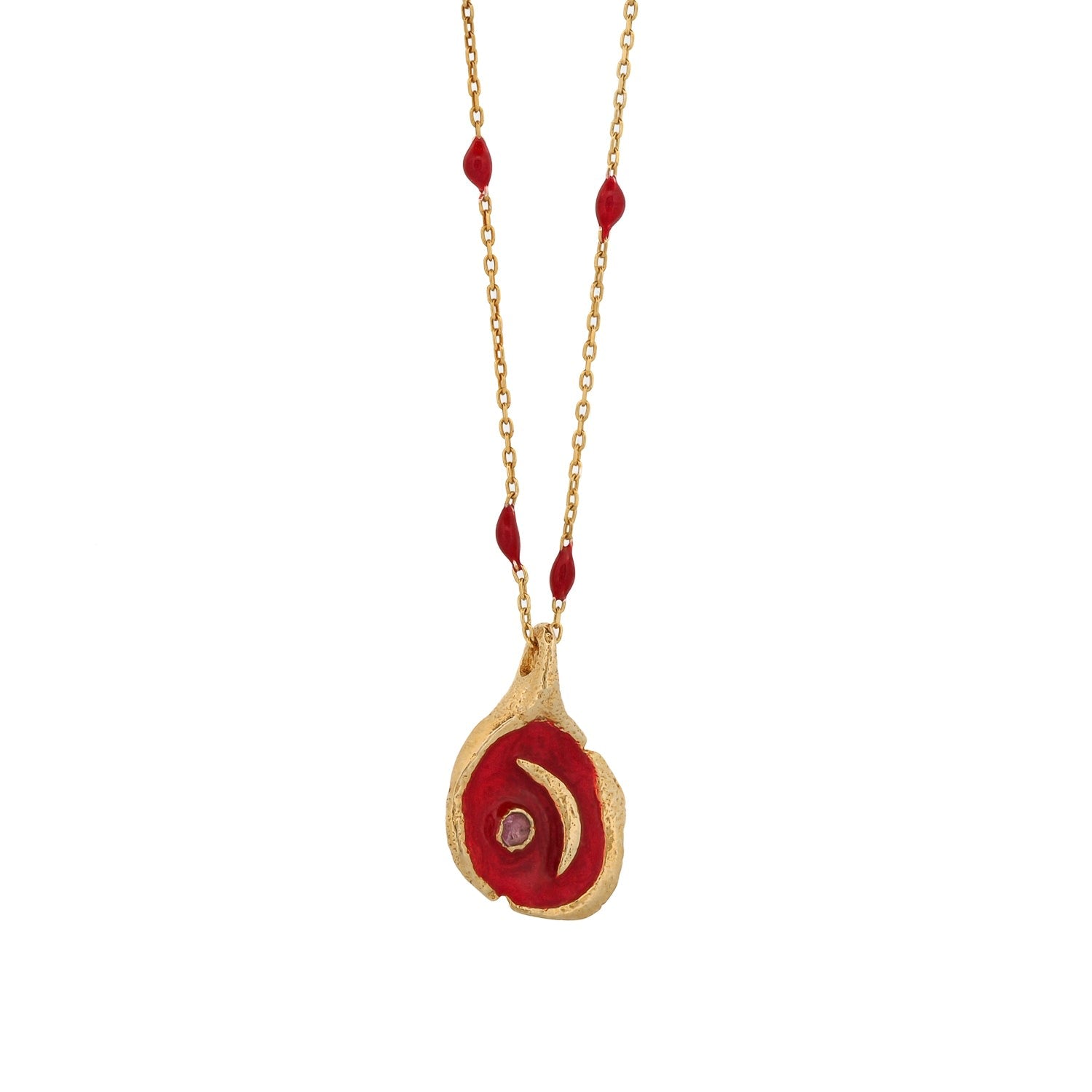 Red Moon Pendant Gold & Enamel Chain Necklace - Red
