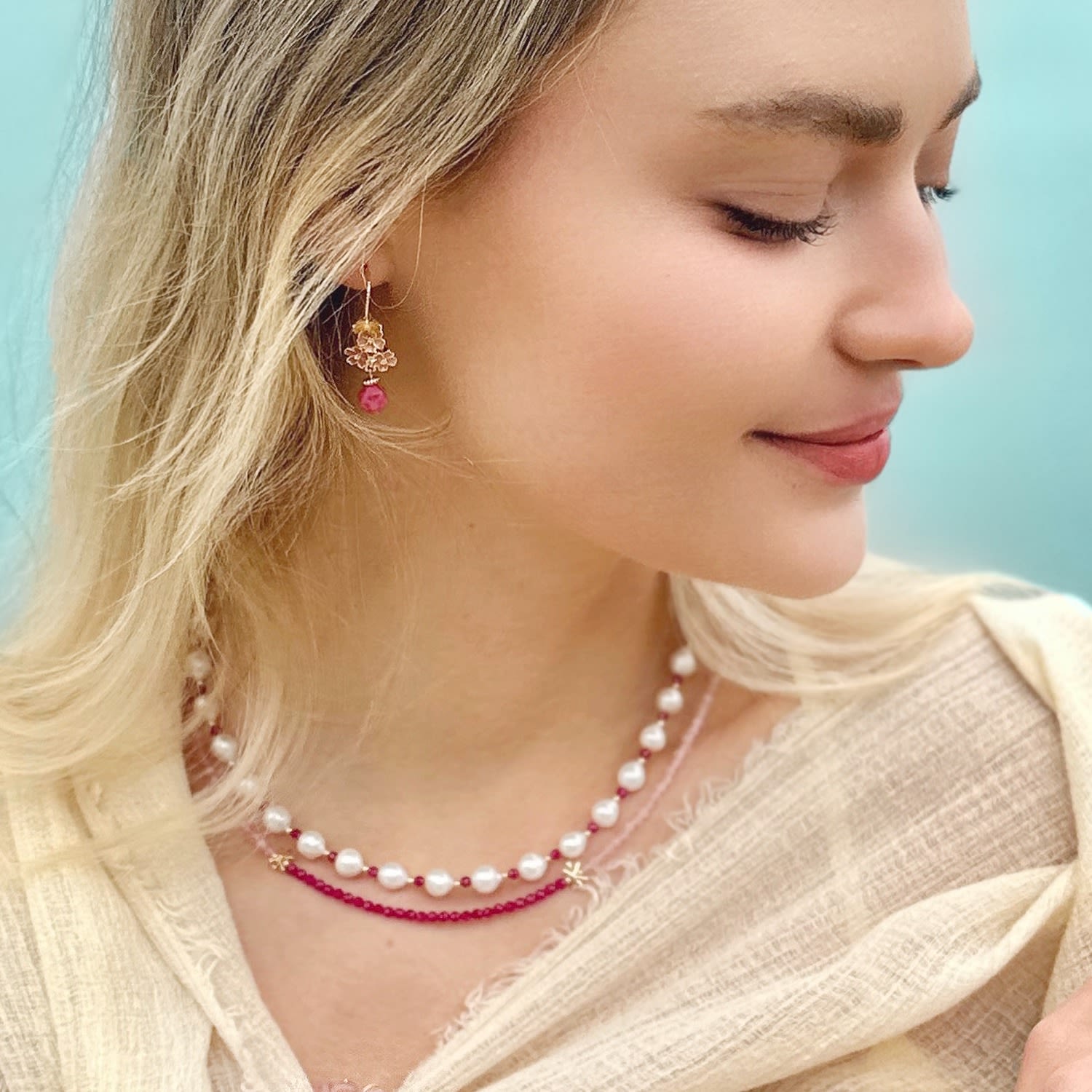 High Quality Freshwater Pearls With Red Ruby Necklace