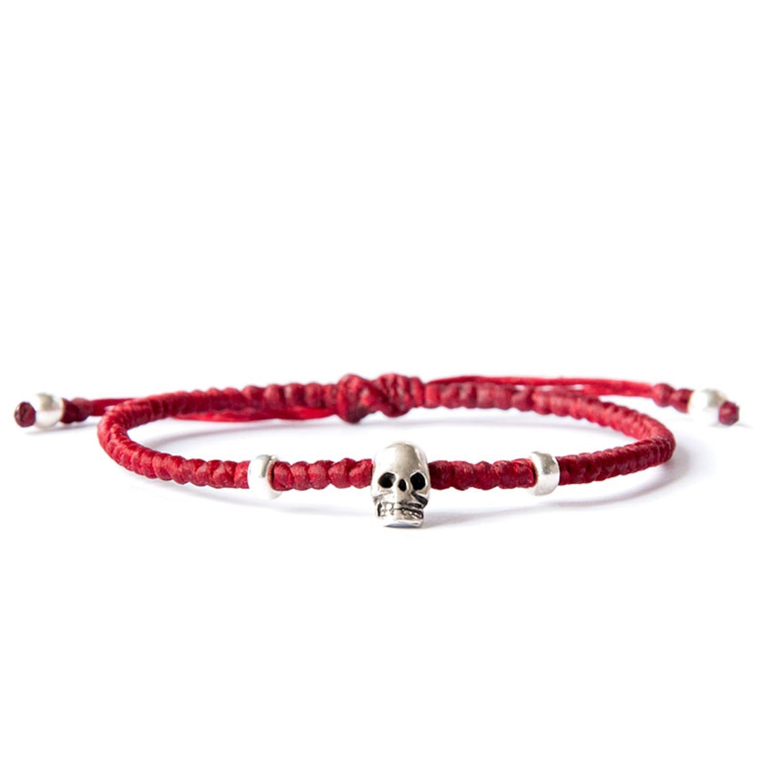Red String Bracelet With Sterling Silver Skull Charm - Red