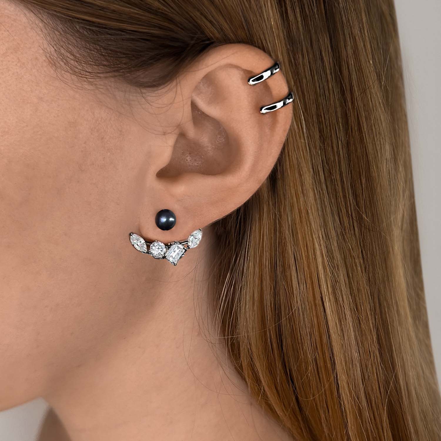 Reflection Ear Jacket With Natural Black Pearl & Man Made Cz Diamond Stimulant In Sterling Silver & Premium Black Rhodium