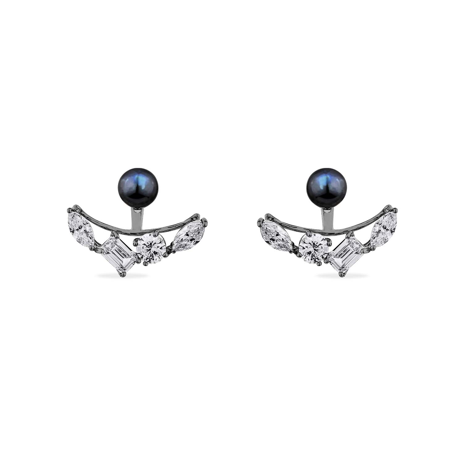 Reflection Ear Jacket With Natural Black Pearl & Man Made Cz Diamond Stimulant In Sterling Silver & Premium Black Rhodium