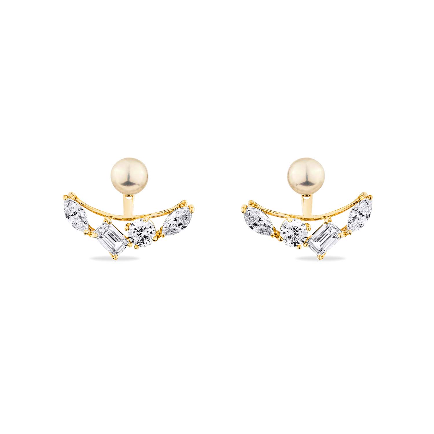 Reflection Ear Jacket With Natural White Pearl & Man Made Cz Diamond Stimulant In Sterling Silver & 18K Gold Vermeil