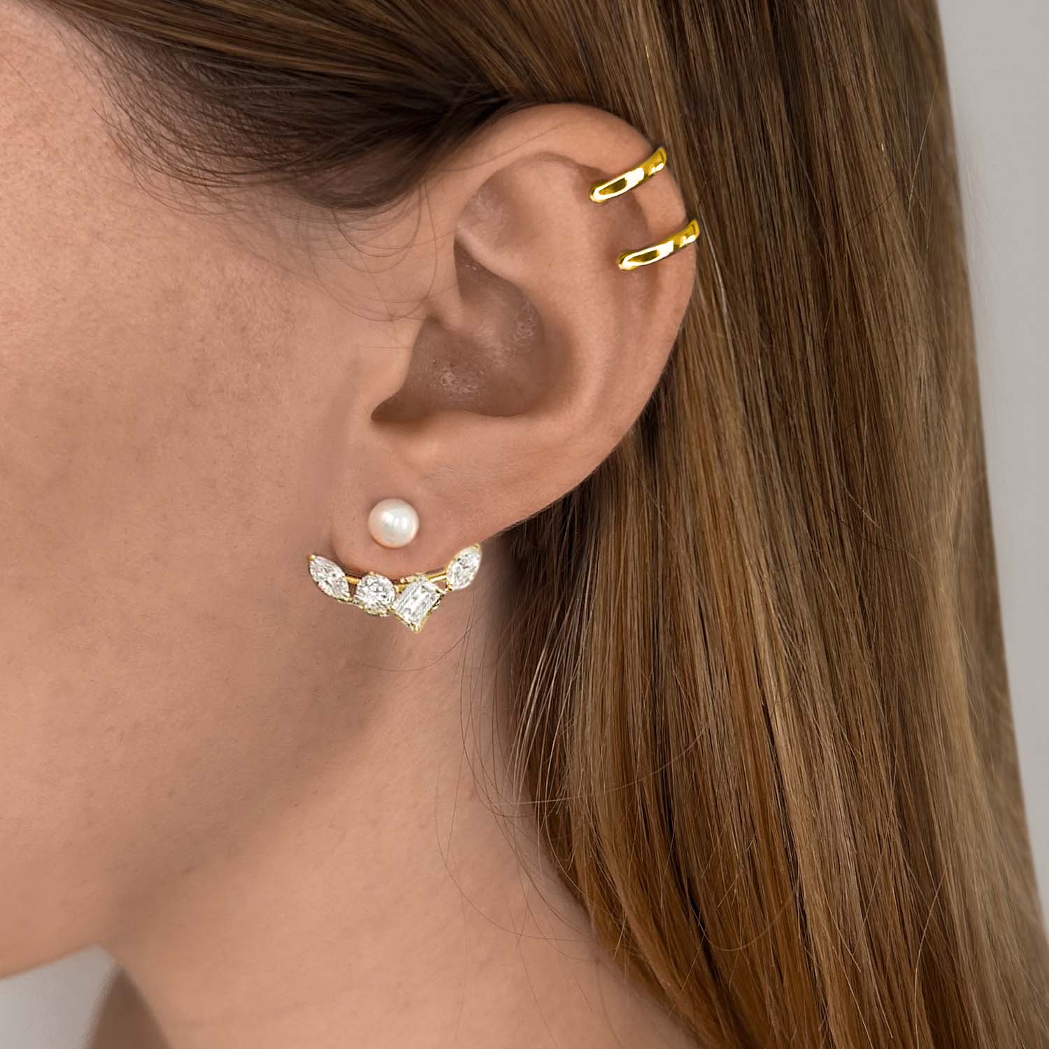 Reflection Ear Jacket With Natural White Pearl & Man Made Cz Diamond Stimulant In Sterling Silver & 18K Gold Vermeil