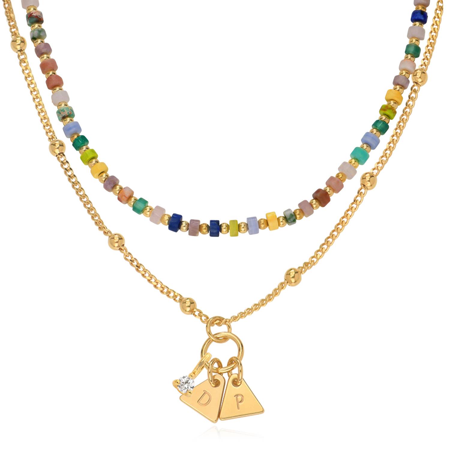 Resort Layered Beads Necklace with Initials and 0.10CT Diamond in Gold Plating