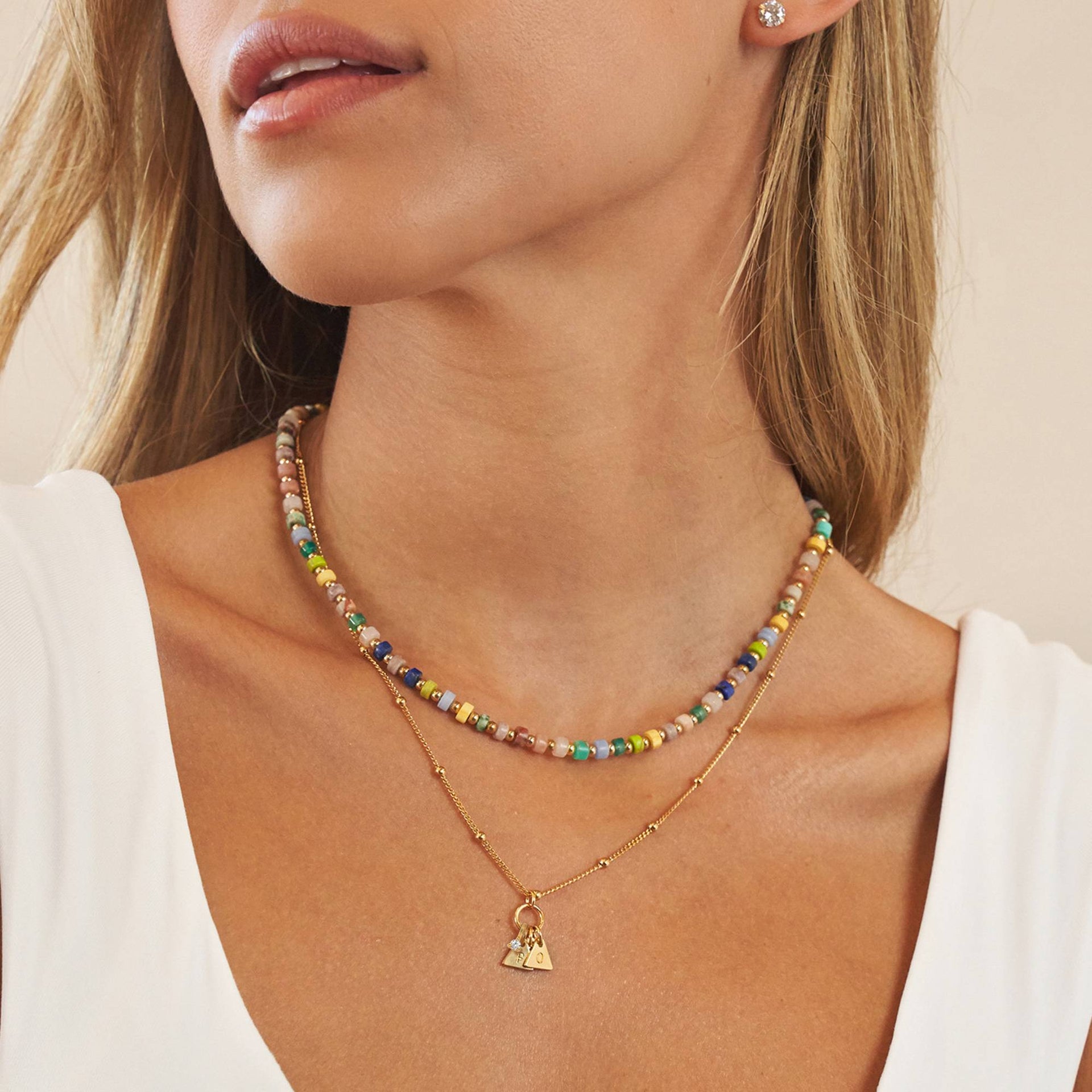Resort Layered Beads Necklace with Initials and 0.10CT Diamond in Gold Plating