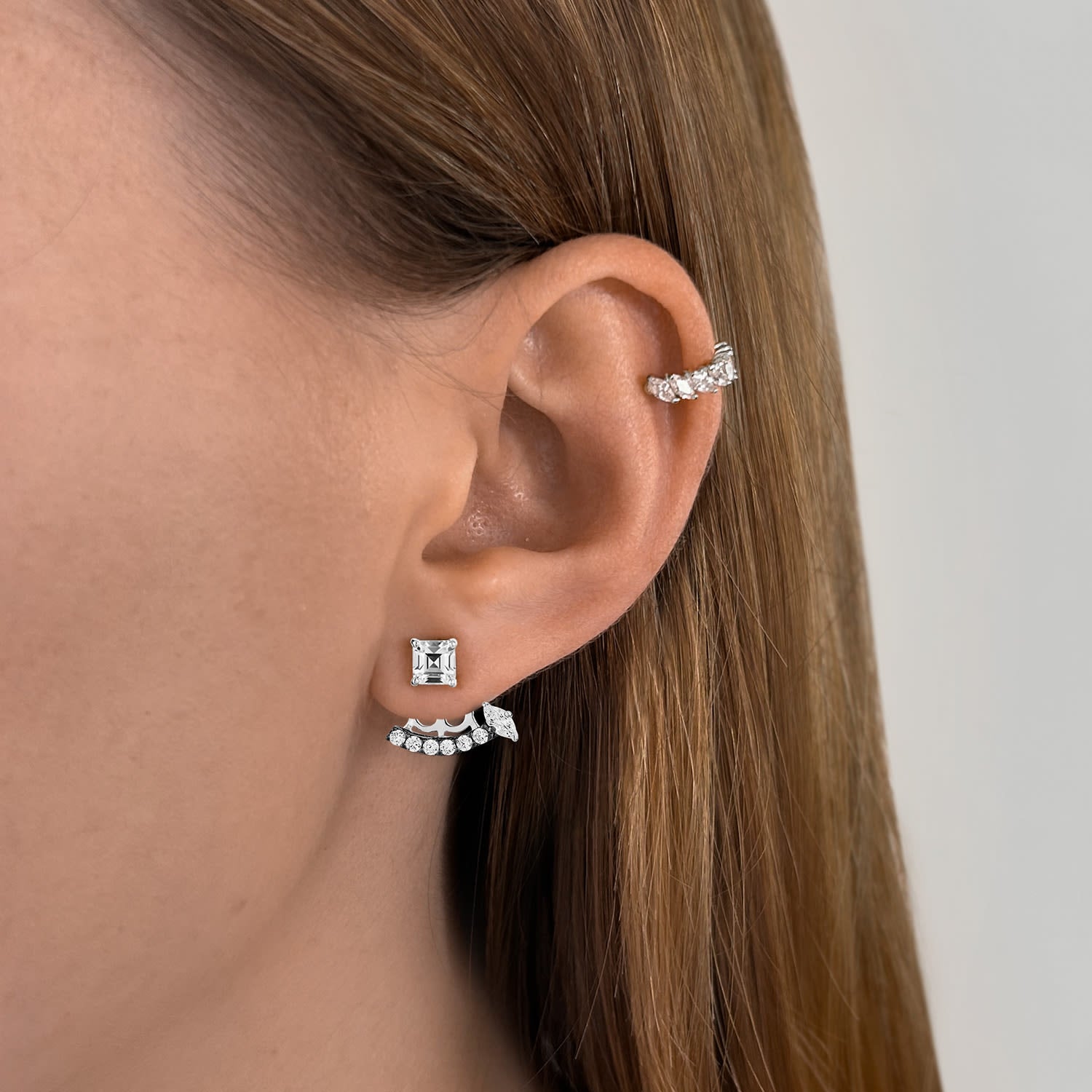 Revival Ear Jacket With Man Made White Cz Diamond Stimulant In Sterling Silver & Premium Black Rhodium