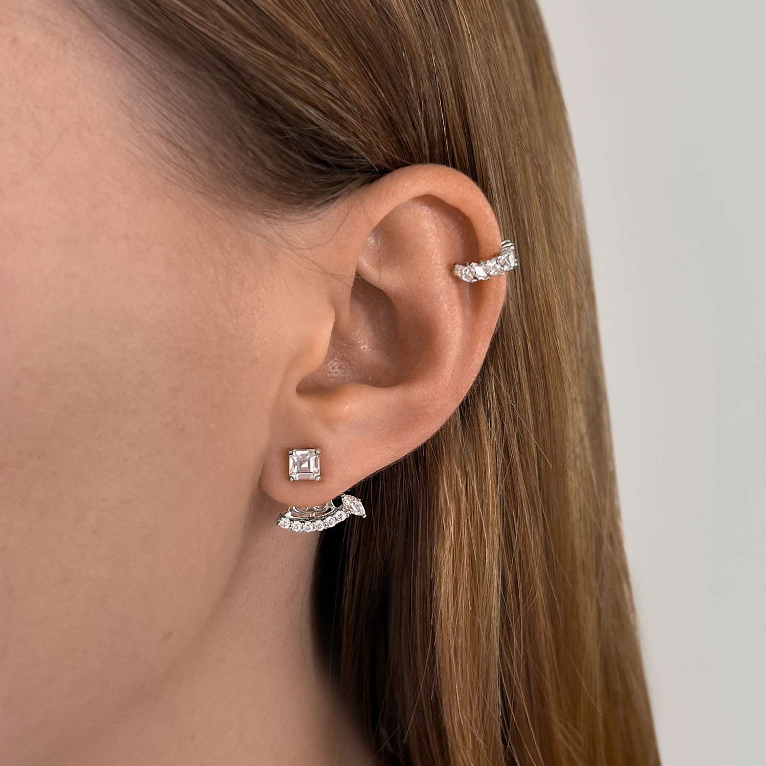 Revival Ear Jacket With Man Made Cz Diamond Stimulant In Sterling Silver