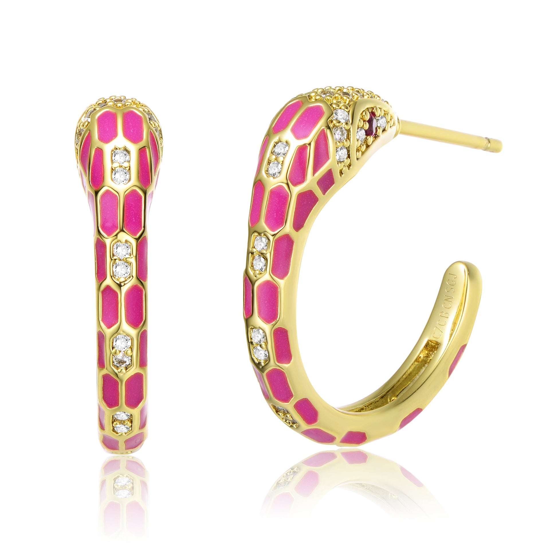 Yellow Gold Plated With Clear Cubic Zirconia Pink Enamel Python Snake C-Hoop Earrings