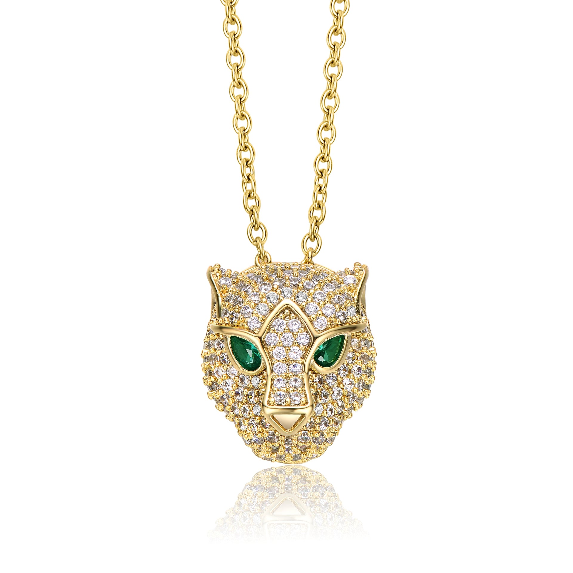 Rachel Glauber Yellow Gold Plated With Emerald & Cubic Zirconia Three-D Panther Head Pendant Layering Necklace