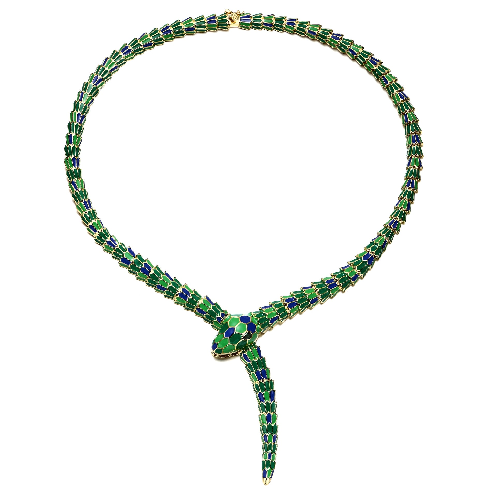 Rachel Glauber Yellow Gold Plated With Emerald Cubic Zirconia Green Enamel Coiled Serpent Snake Stiff Collar Necklace