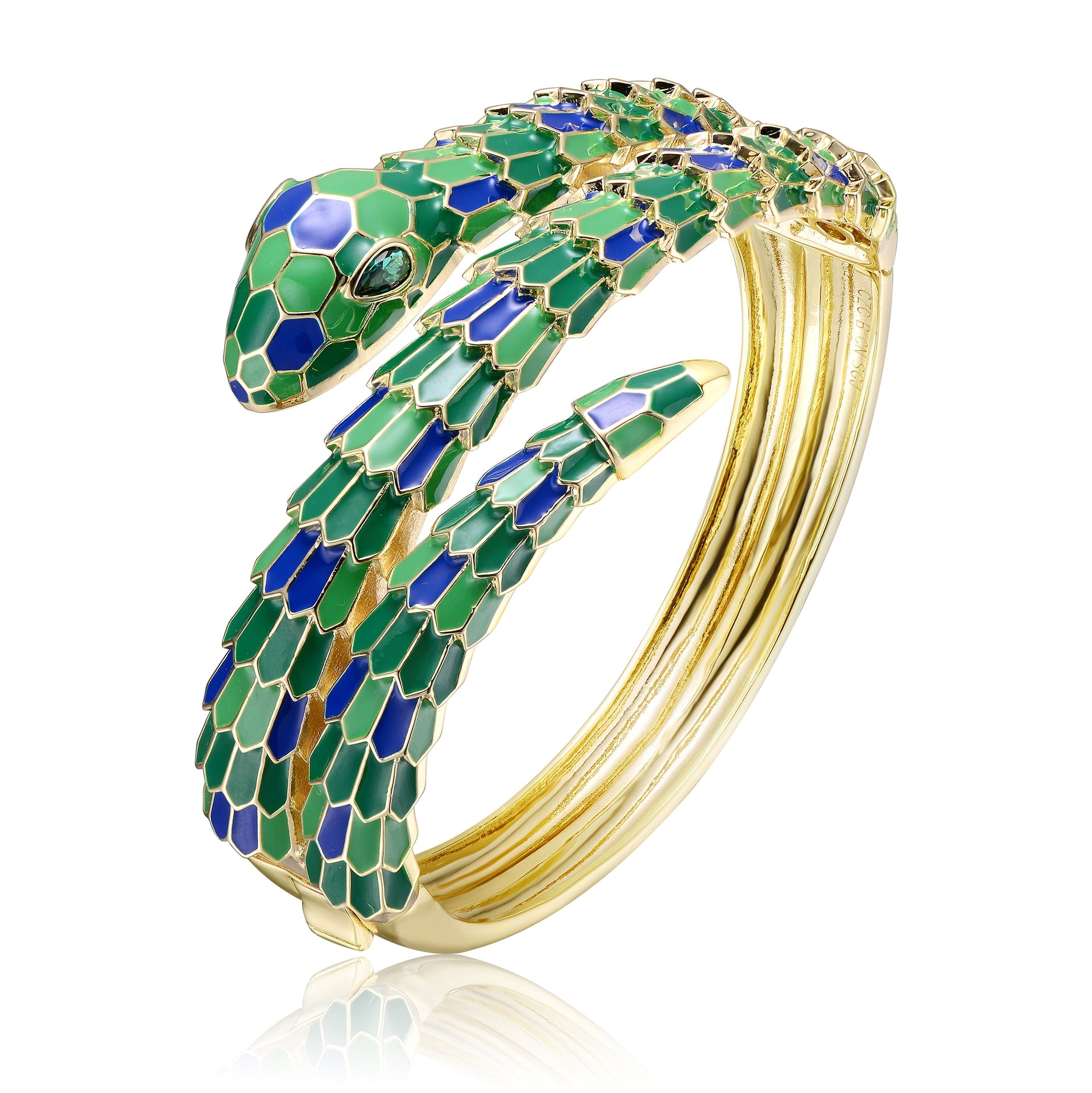 Yellow Gold Plated With Emerald Cubic Zirconia Green & Blue Enamel Serpent Coiled Bracelet