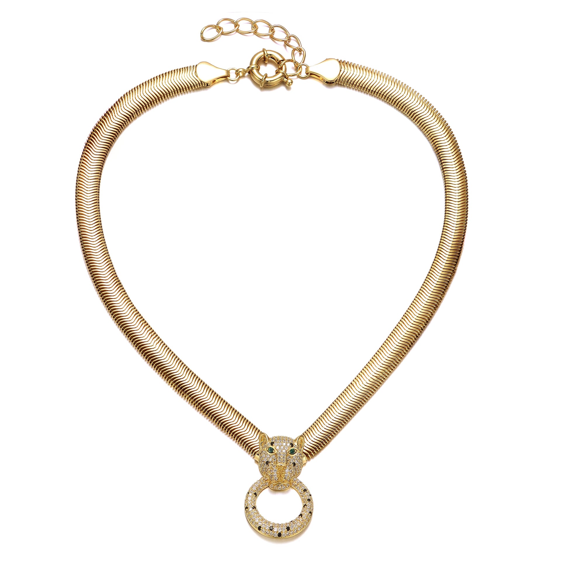 Rachel Glauber Yellow Gold Plated With Emerald & Cubic Zirconia Panther Head Door Knocker Wire Herringbone Chain Neckace