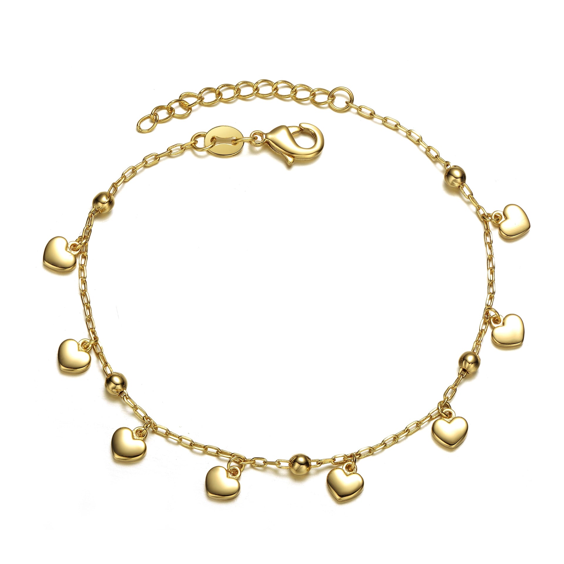 Rachel Glauber Kids Yellow Gold Plated Beaded Heart Charm Station Bracelet - Adjustable W/ Extension Chain