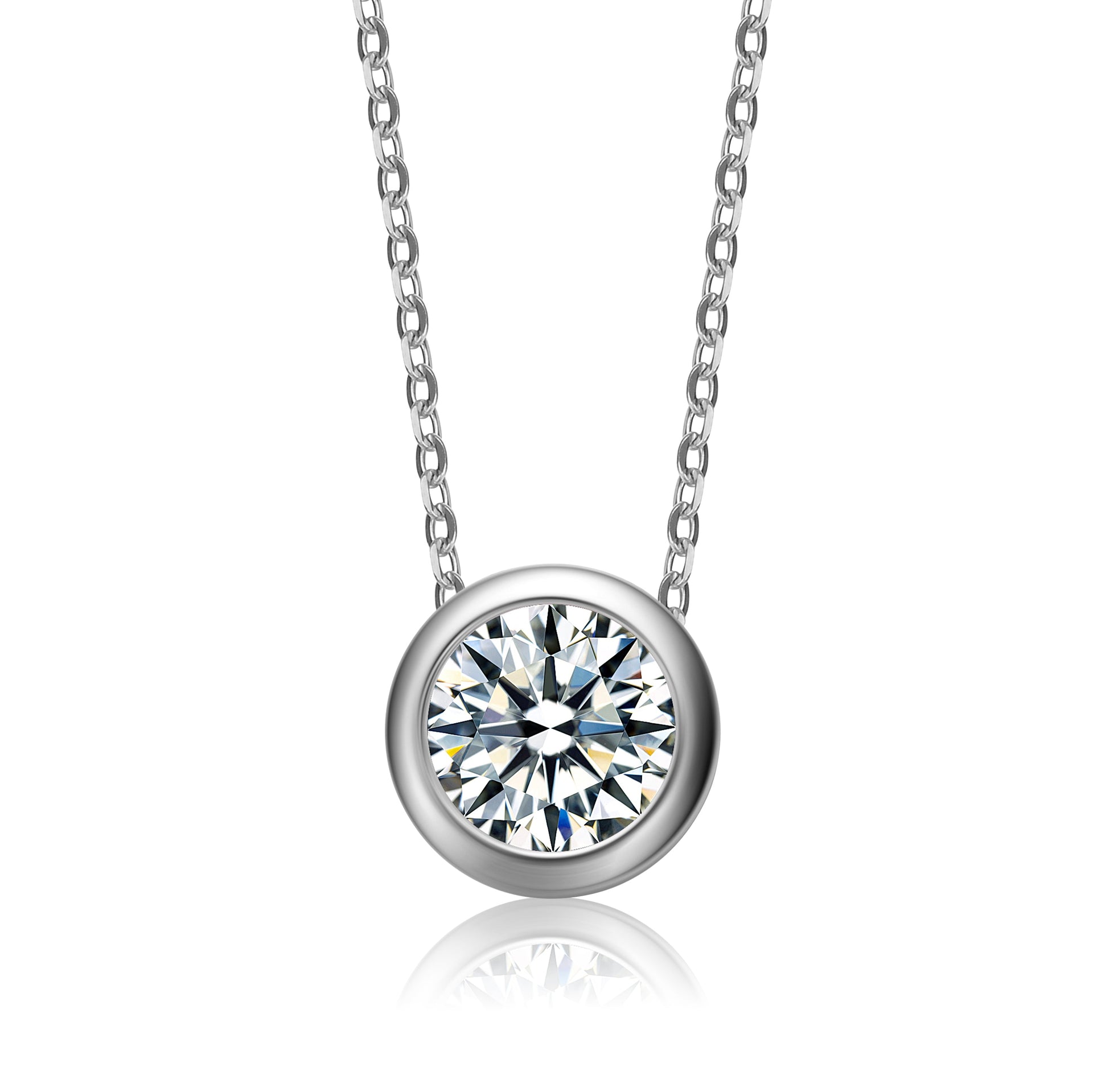 Rachel Glauber White Gold Plated With Diamond Cubic Zirconia Round Solitaire Bezel Floating Pendant Necklace