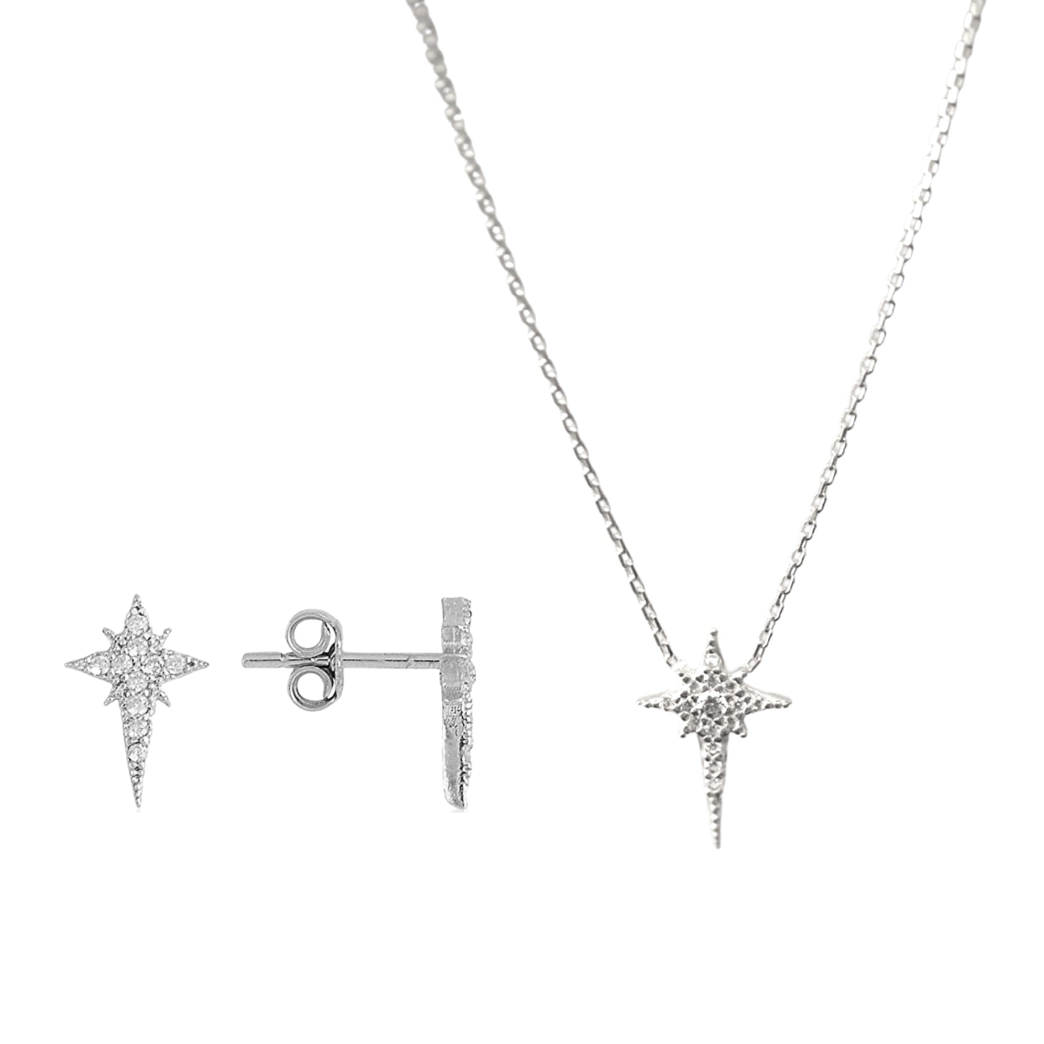 Northern Star Polaris Starburst Sterling Silver Necklace & Stud Earring Set - Silver