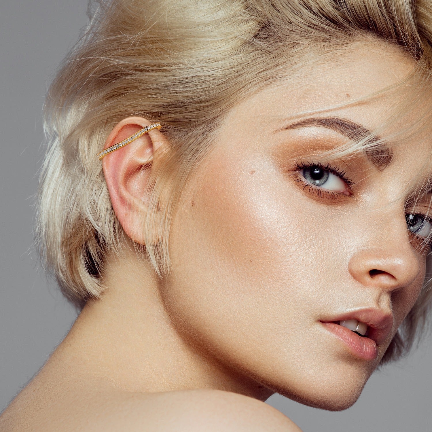 Long Curvy Thin Bar Ear Cuff With Pave Cz - Rose Gold