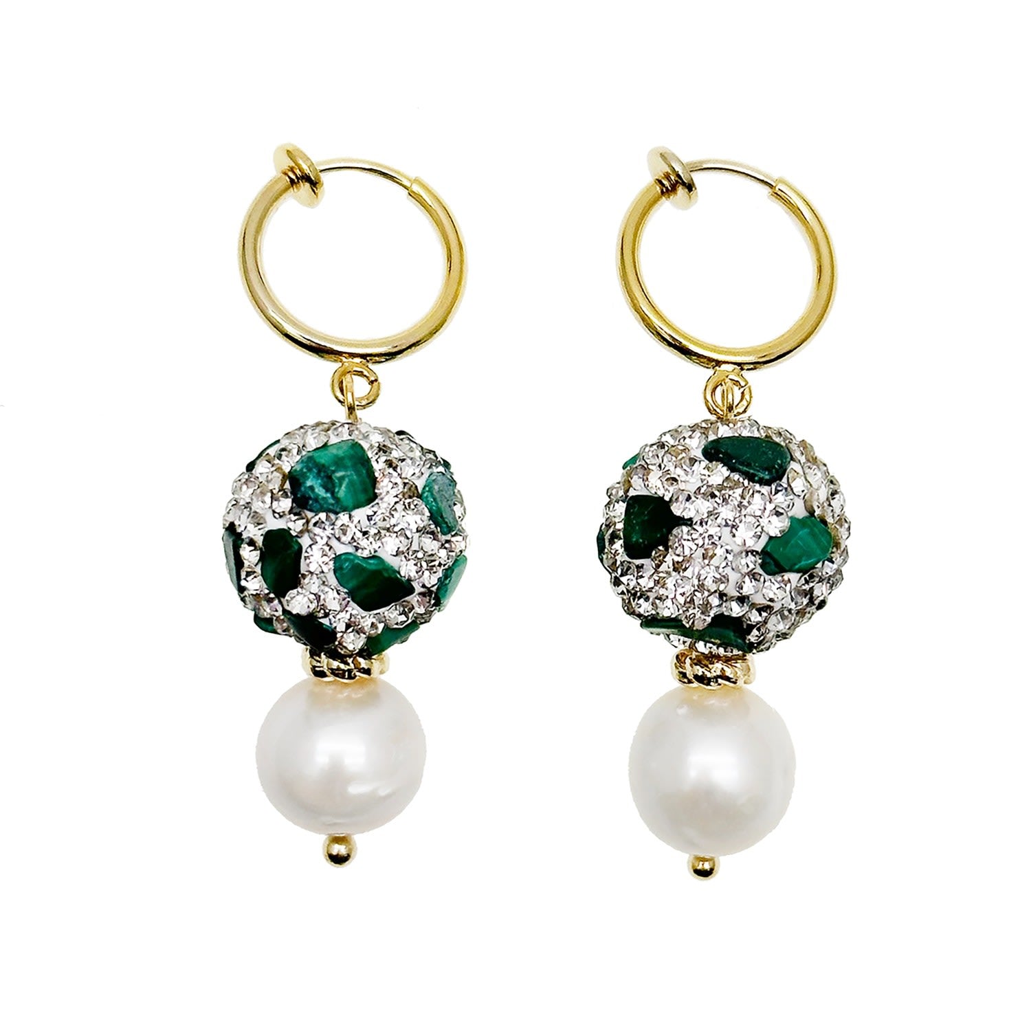 Rhinestones With Malachite & Freshwater Pearls Dangle Earrings