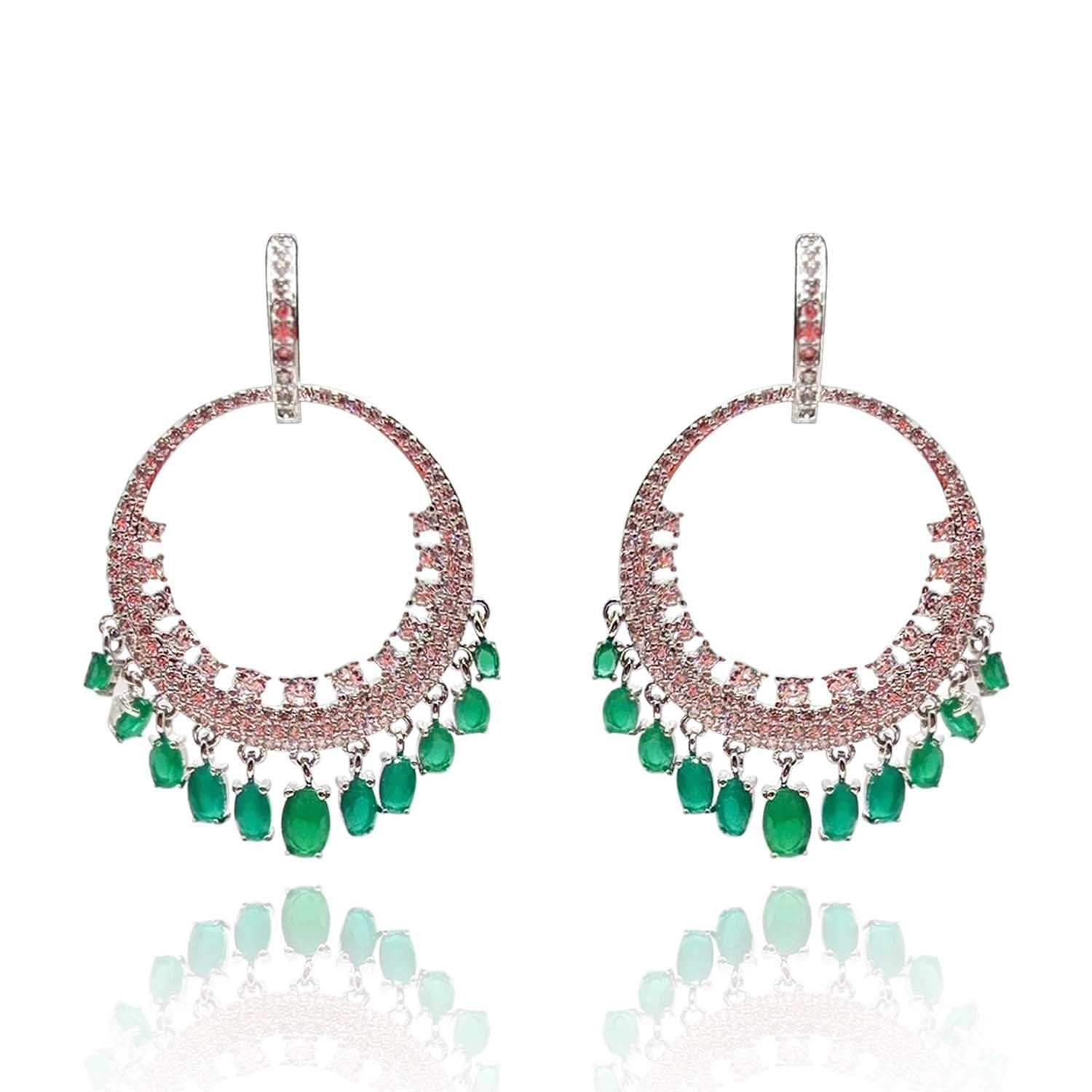 Rhodium Plated Cubic Zirconium Emerald And Diamond Drops