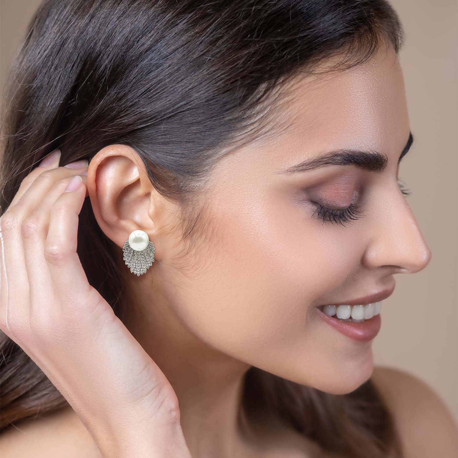 Rhodium Plated Pave Shell-Based Pearl Clip-On Earrings