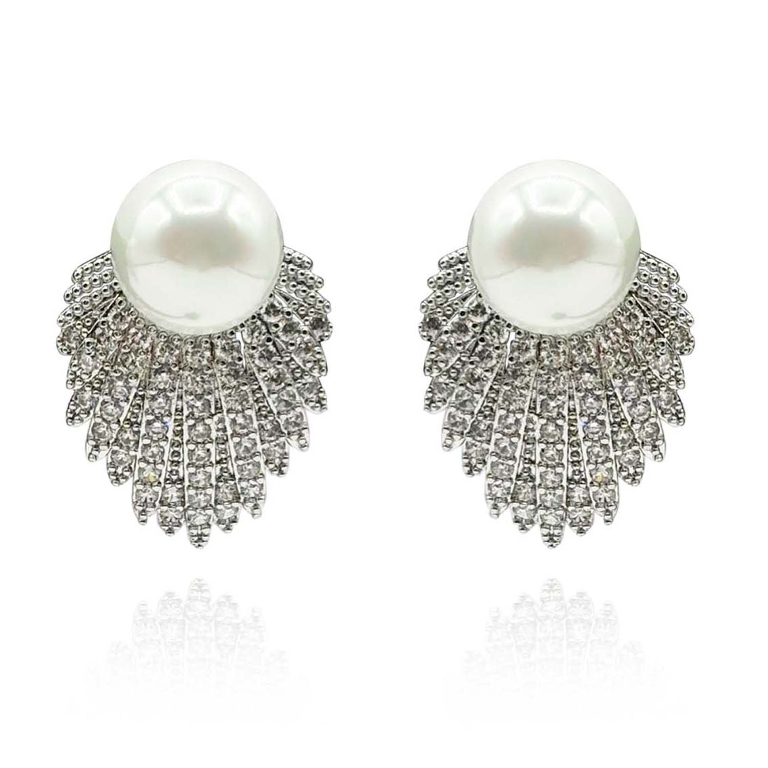 Rhodium Plated Pave Shell-Based Pearl Clip-On Earrings