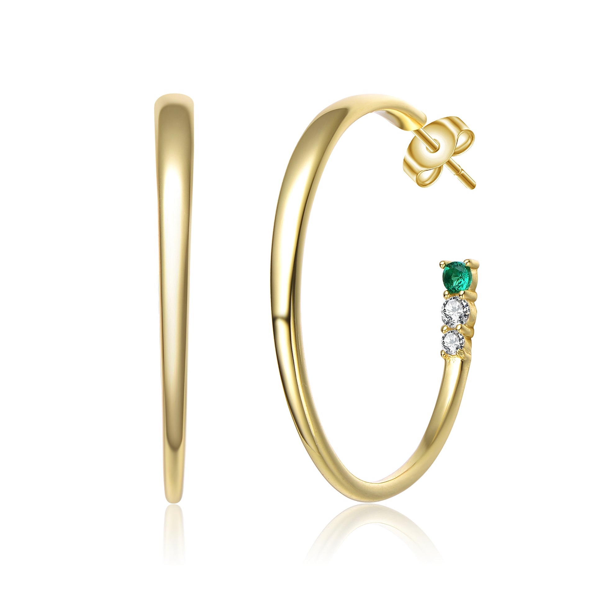 Rhodium-Plated With Diamond And Emerald Cubic Zirconia Three-Stone C-Hoop Earrings In Sterling Silver
