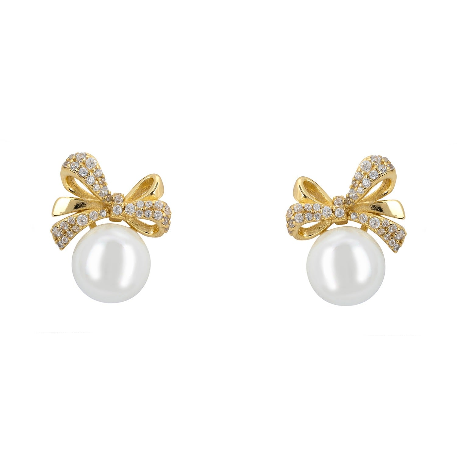 Ribbon Bow Pearl Stud Earrings Gold