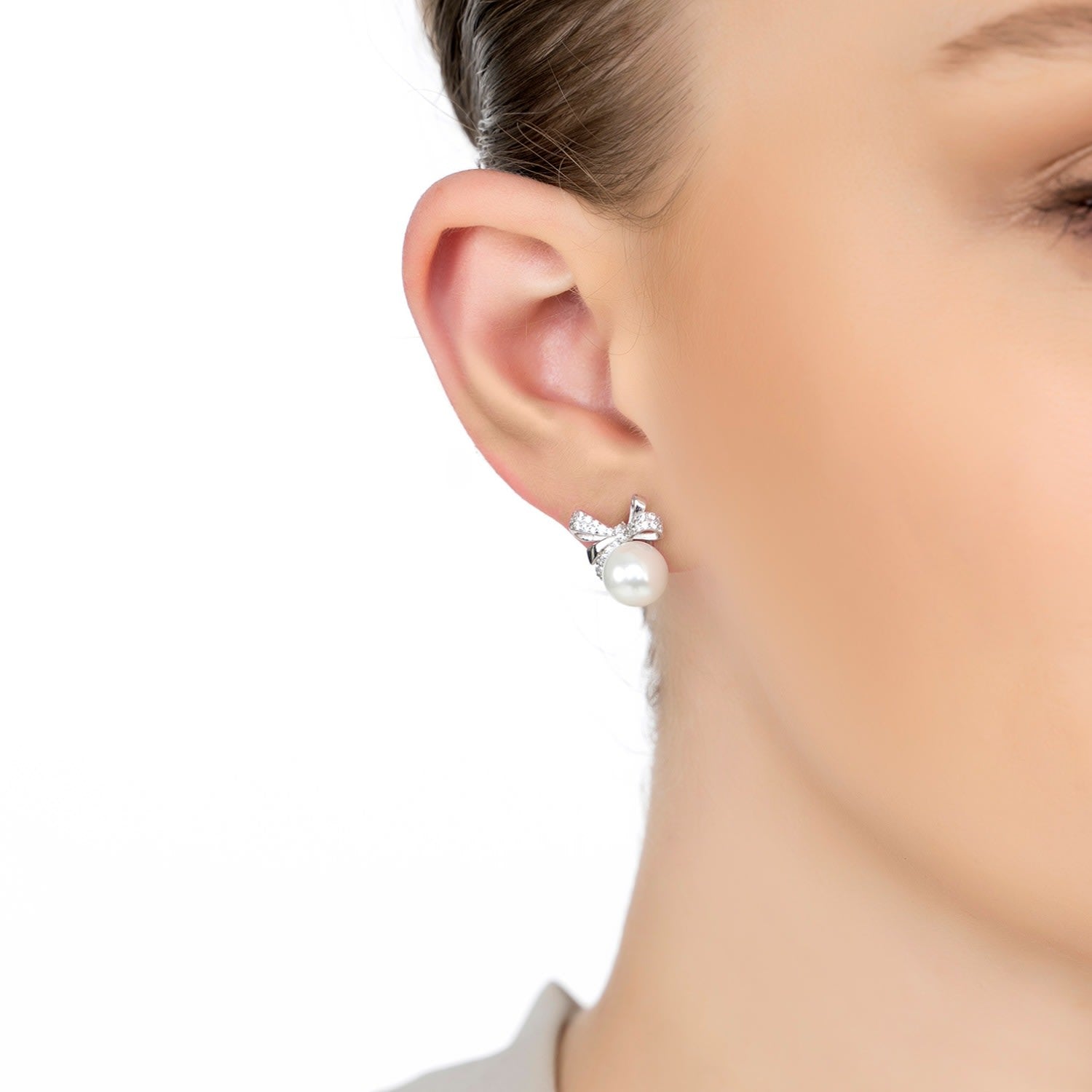 Ribbon Bow Pearl Stud Earrings Silver