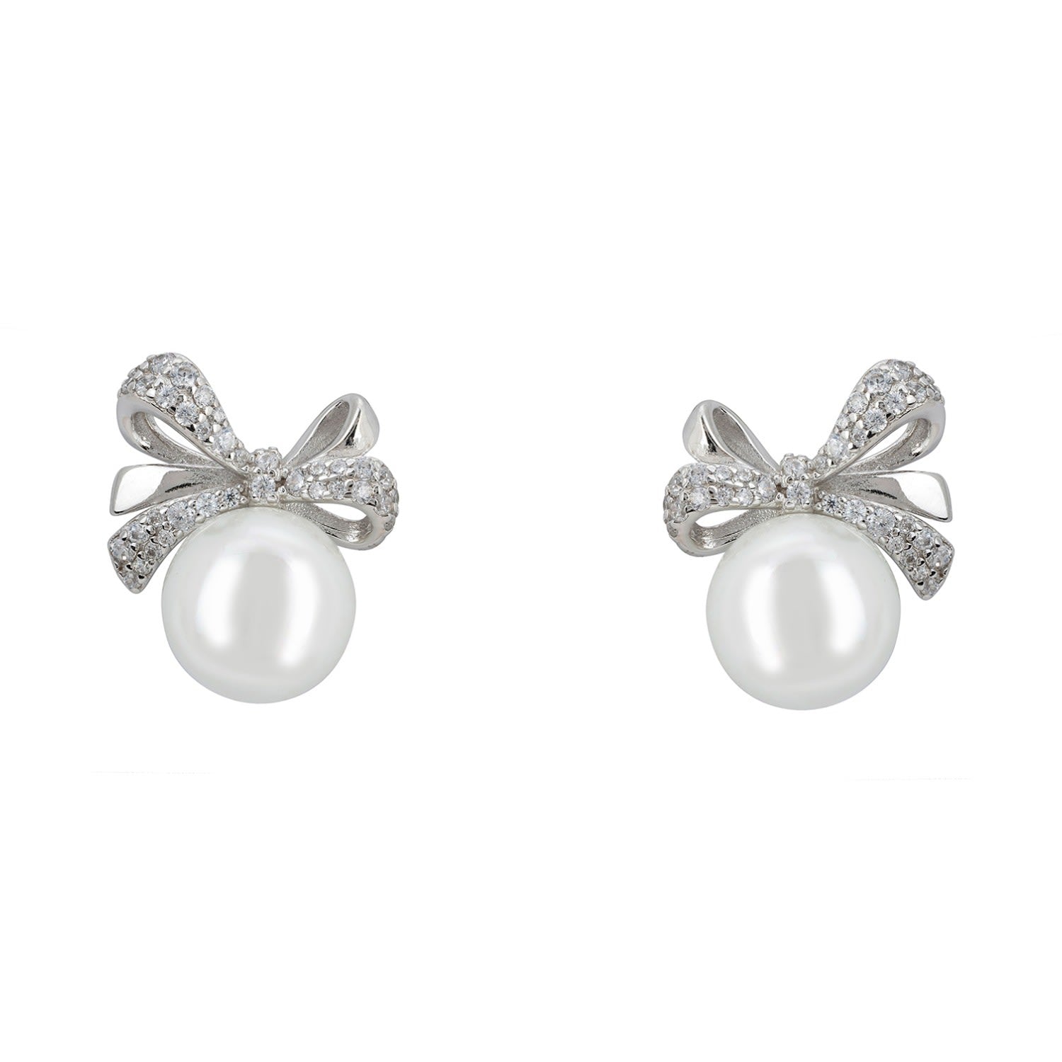 Ribbon Bow Pearl Stud Earrings Silver