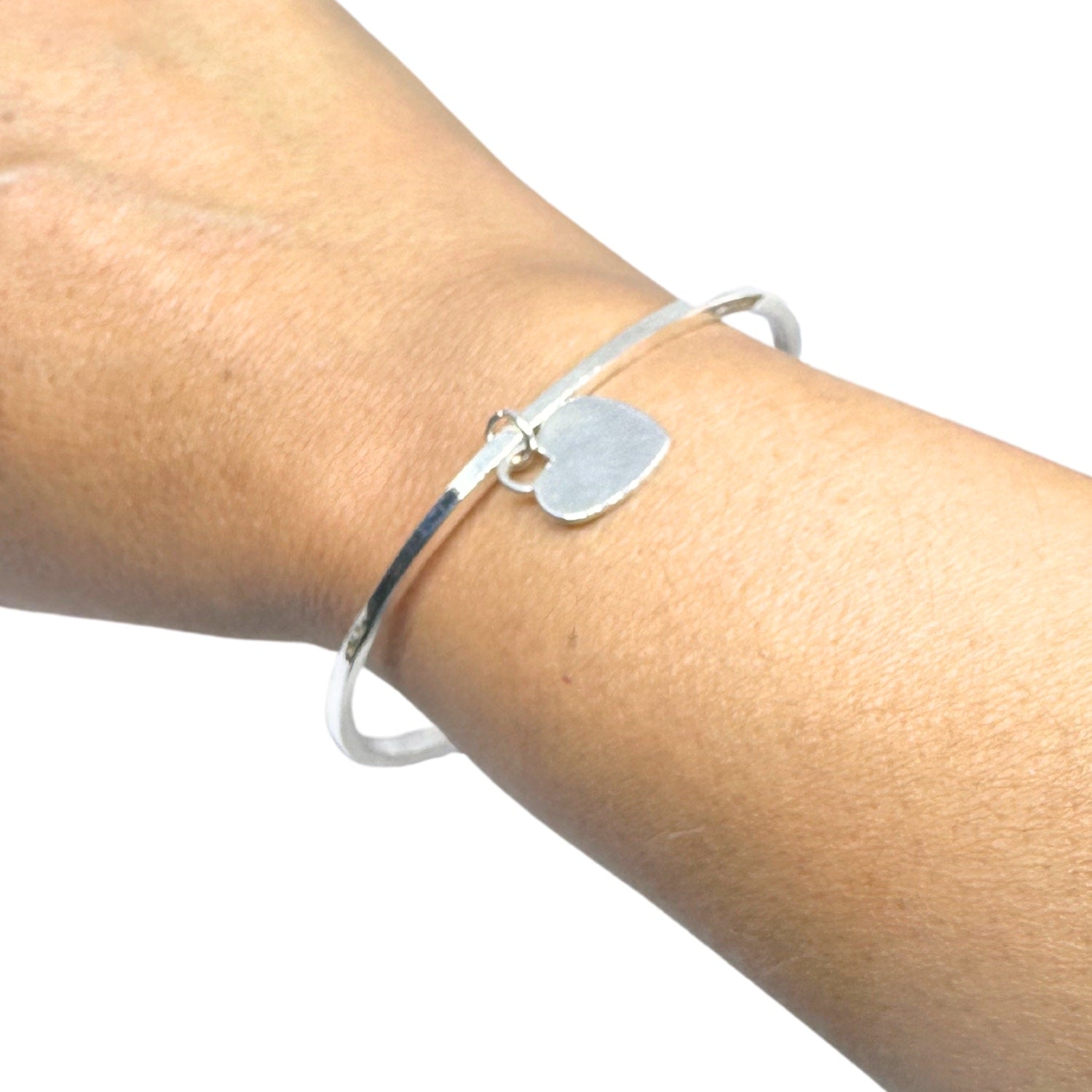 Rigid Bangle With Heart Charm Sterling Silver