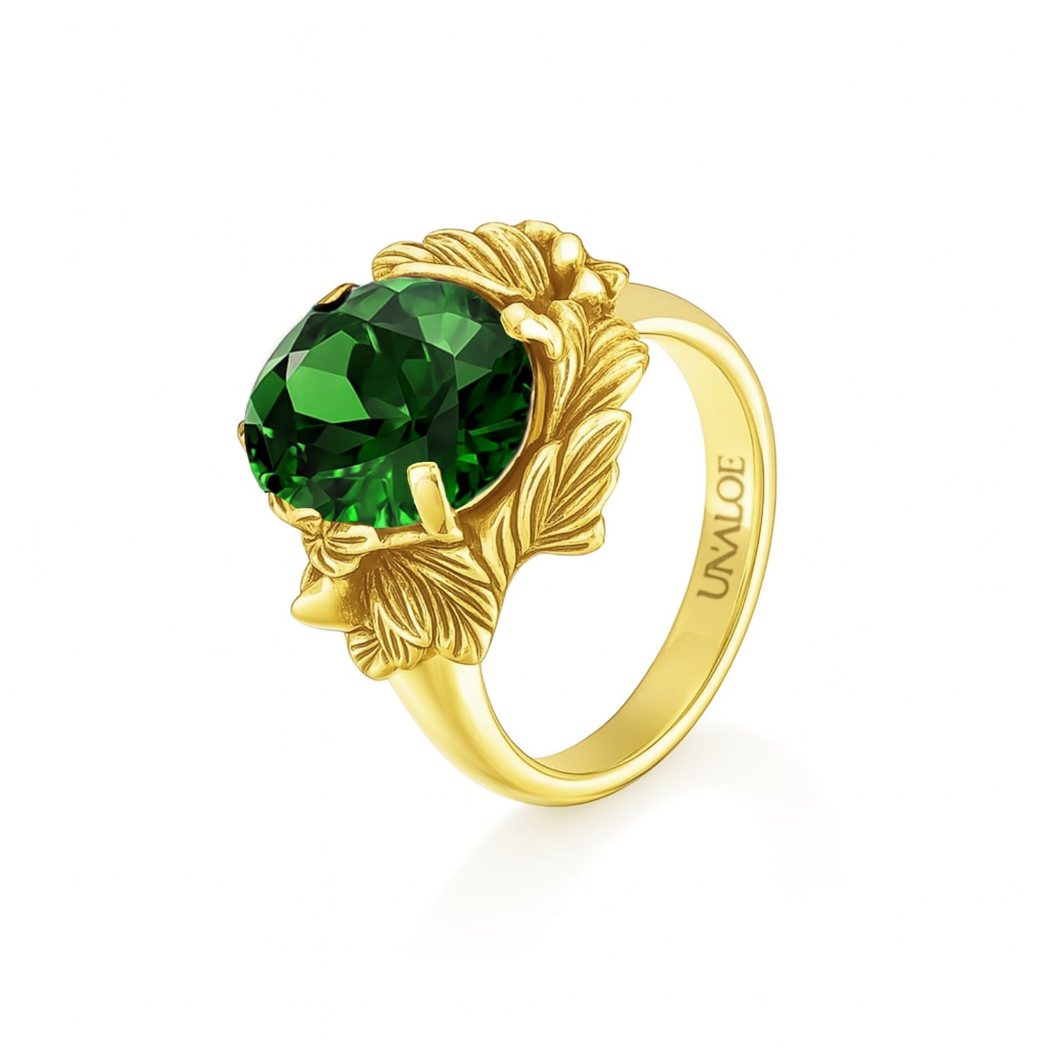 Ring In Sterling Silver With Gold Plated With Green Zirconia – Coleus Ovalis – Unaloe Handmade Italian