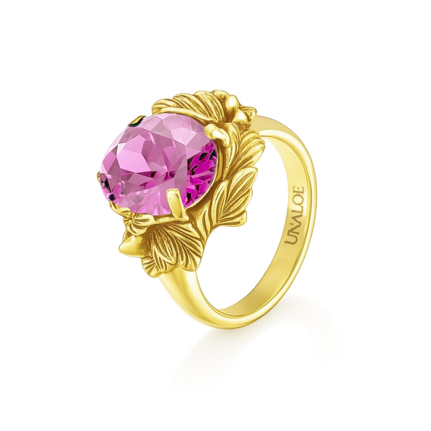 Ring In Sterling Silver With Gold Plated With Pink Zirconia – Coleus Ovalis – Unaloe Handmade – Italian Designer Jewelry
