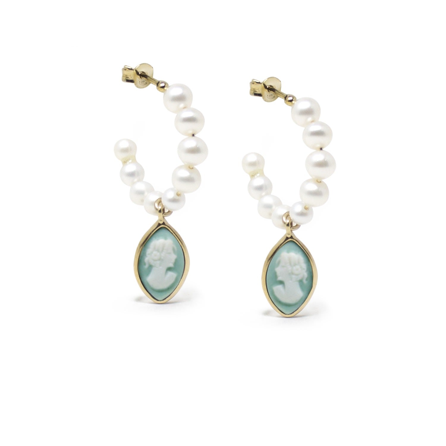 April Gold-Plated Pearl And Green Cameo Hoop Earrings