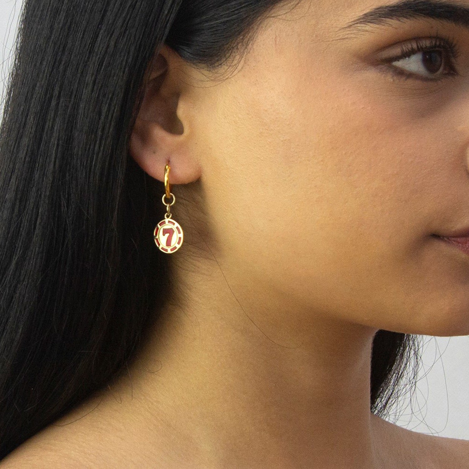 18Kt Gold Plated & Red Enamel 7 Poker Chip Charm On Gold Plated Hoop Earring